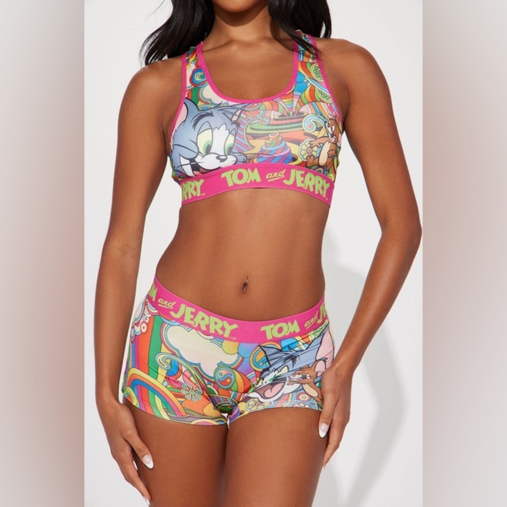 Tom And Jerry Bralette And Boyshort Set - Hot Pink/combo Size M